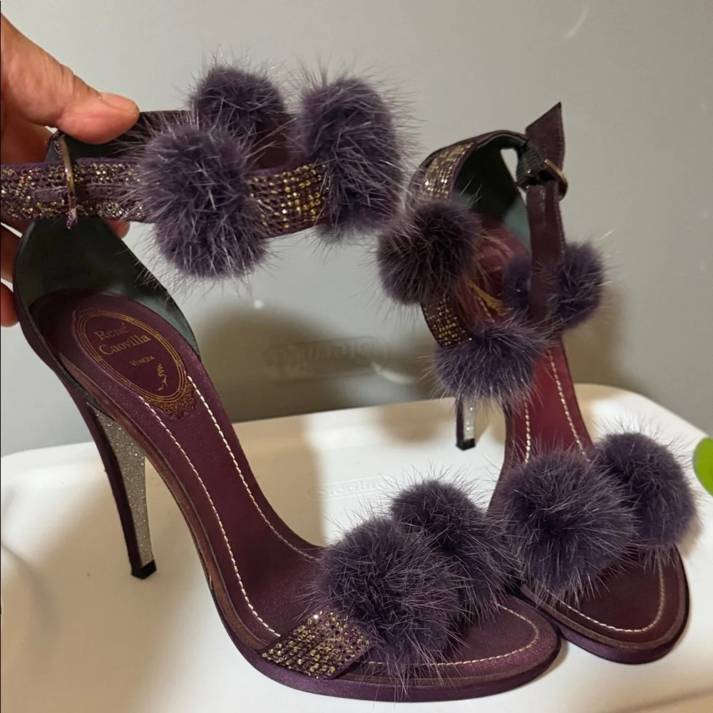 Rene Caovilla Lavender Fur Pom-Pom Crystal Strap Stiletto Heels